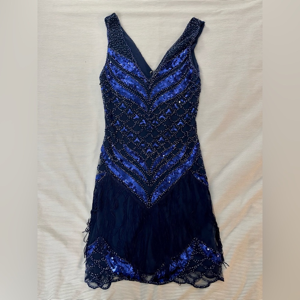 Lulu's Midnight Blue Beaded Mini Dress